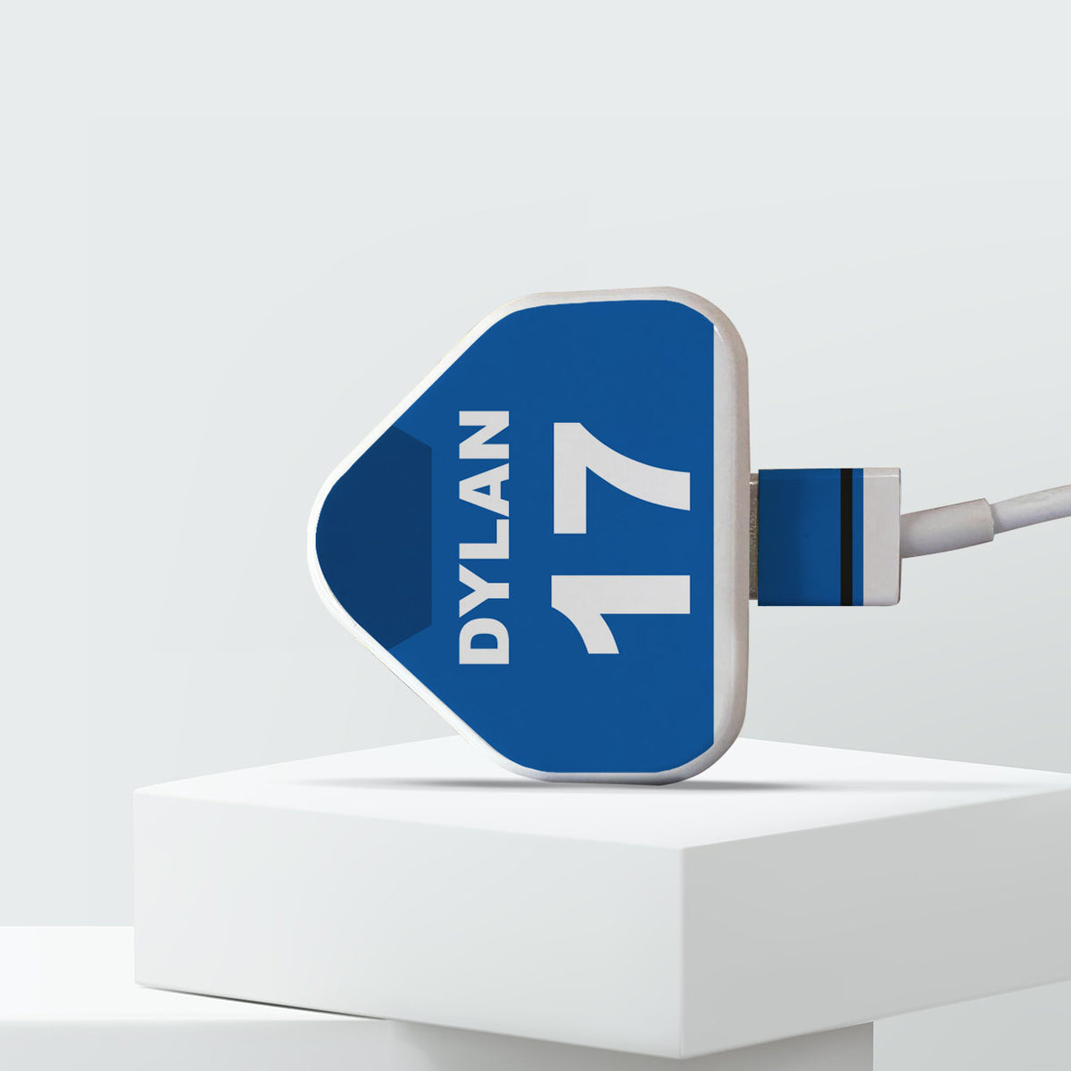 Personalised Football Charger &amp; Cable Sticker in Blue &amp; White