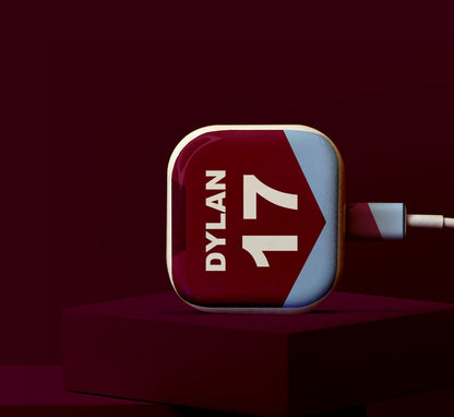 Personalised Football Charger &amp; Cable Sticker in Burgundy &amp; Cyan