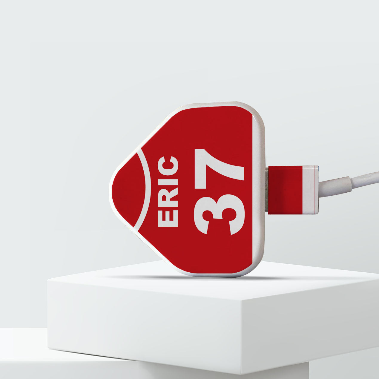 Personalised Football Charger & Cable Sticker in Red & White