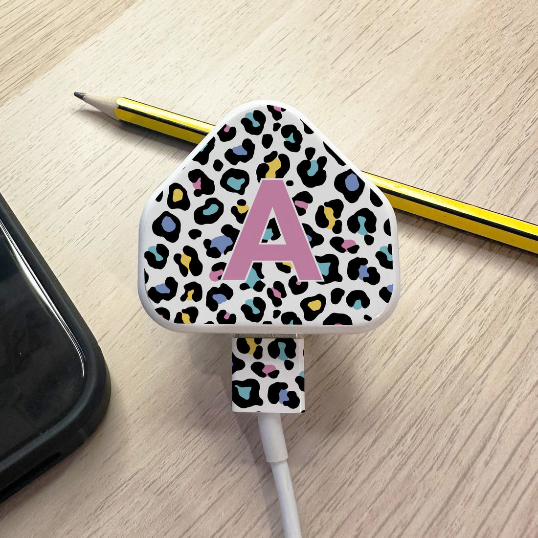 Personalised initial Leopard Print Charger &amp; Cable Stickers