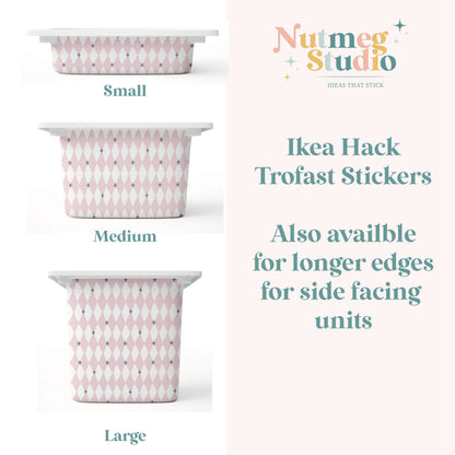 A product information graphic for Nutmeg Studio showing three sizes of IKEA Hack Trofast stickers applied to the sides of small, medium, and large rectangular containers. The containers are decorated in a pink and white argyle pattern with tiny blue and gray accents.