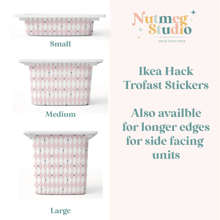 A product information graphic for Nutmeg Studio showing three sizes of IKEA Hack Trofast stickers applied to the sides of small, medium, and large rectangular containers. The containers are decorated in a pink and white argyle pattern with tiny blue and gray accents.