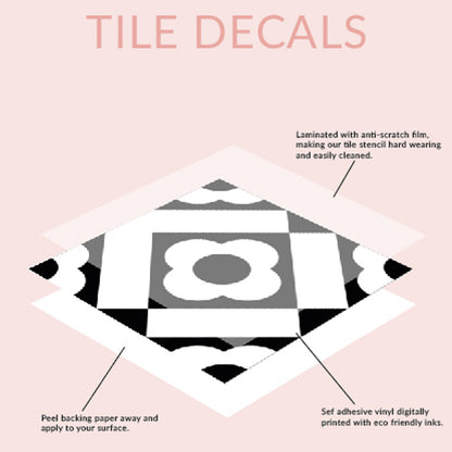 Tile decal design with geometric pattern on a pink background, featuring the brand &