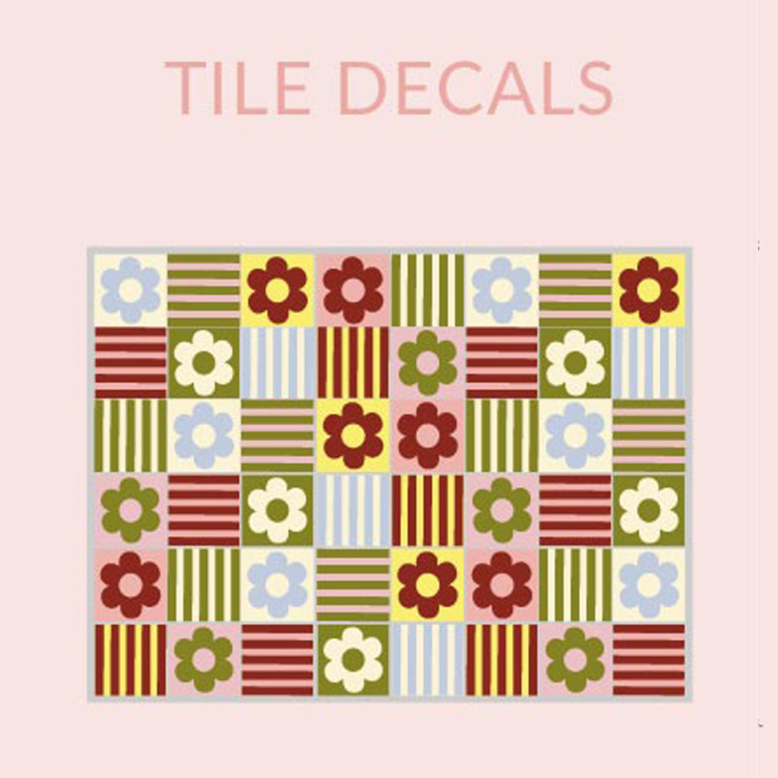 Tile decals with a pattern of flowers and stripes by Joanie &amp; Jeanie on a pink background.