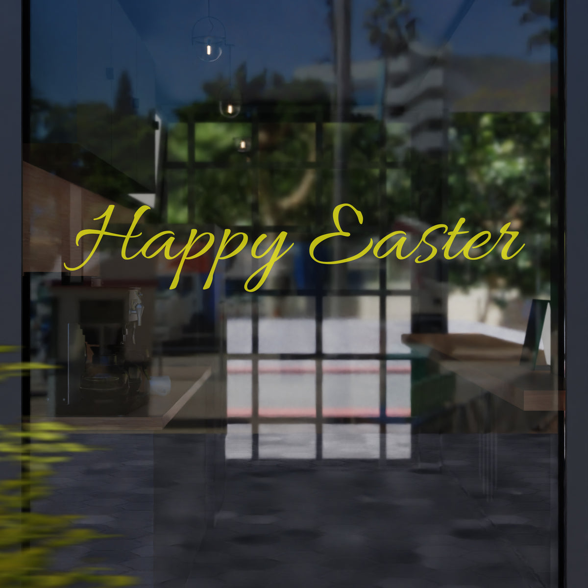 Glass door with script writing of &