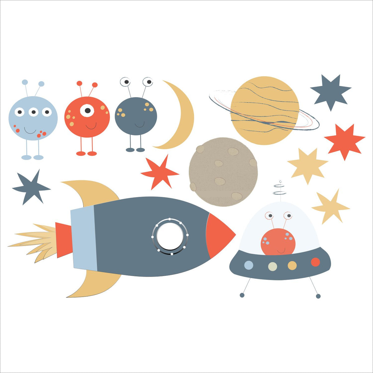 Illustrations of space-themed objects including a rocket, planets, and stars on a white background.