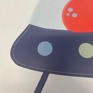 Spaceship in blue with red alien inside on a white background