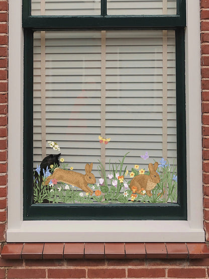 Brick wall with a black window frame - Spring Florals with bunnies in front of white blinds