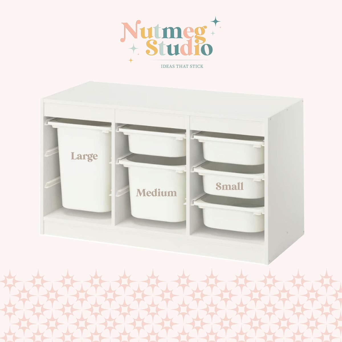 White plastic drawer organizer with three columns of bins labeled Large, Medium, and Small, shown on a pale pink background with the Nutmeg Studio logo at the top.