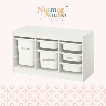 White plastic drawer organizer with three columns of bins labeled Large, Medium, and Small, shown on a pale pink background with the Nutmeg Studio logo at the top.