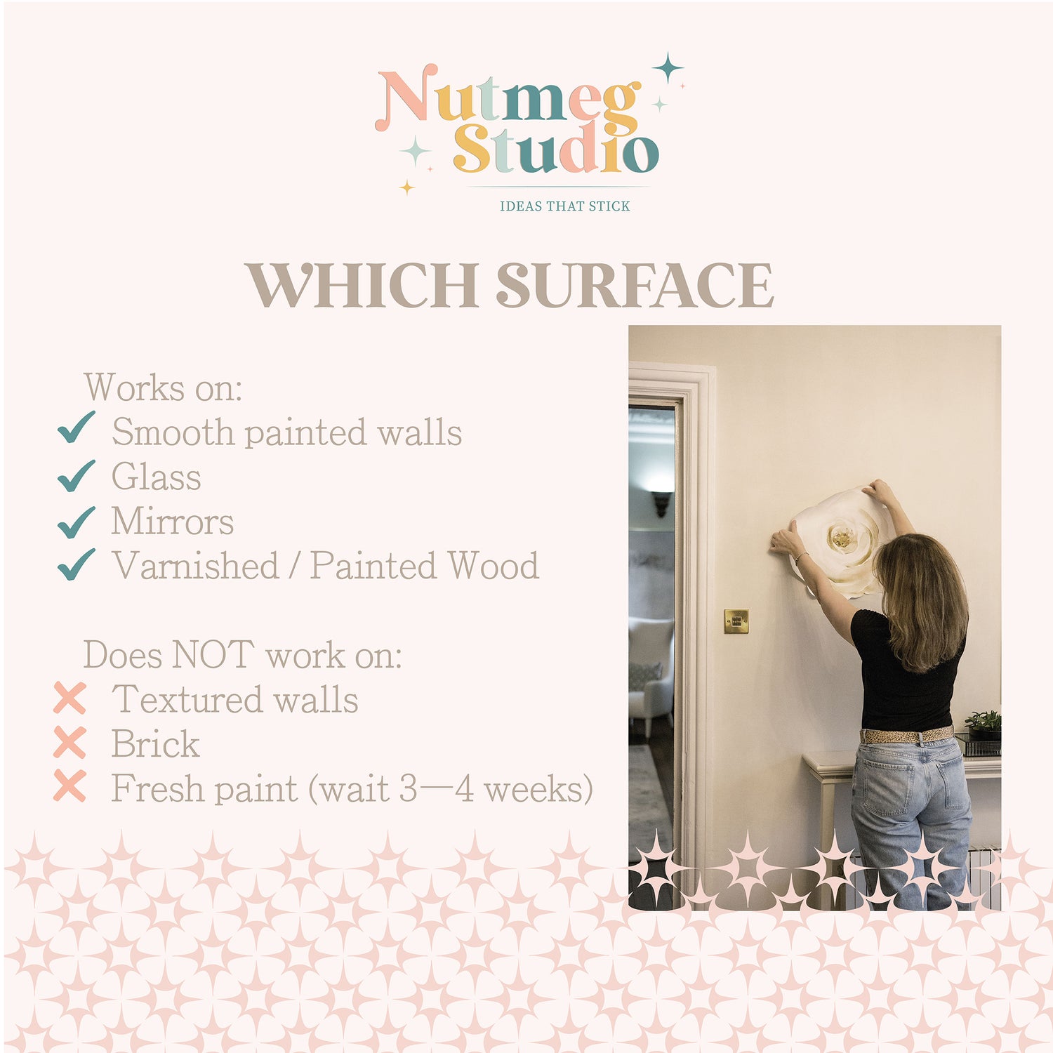 Person applying a product to a wall with Nutmeg Studio branding and surface compatibility information.