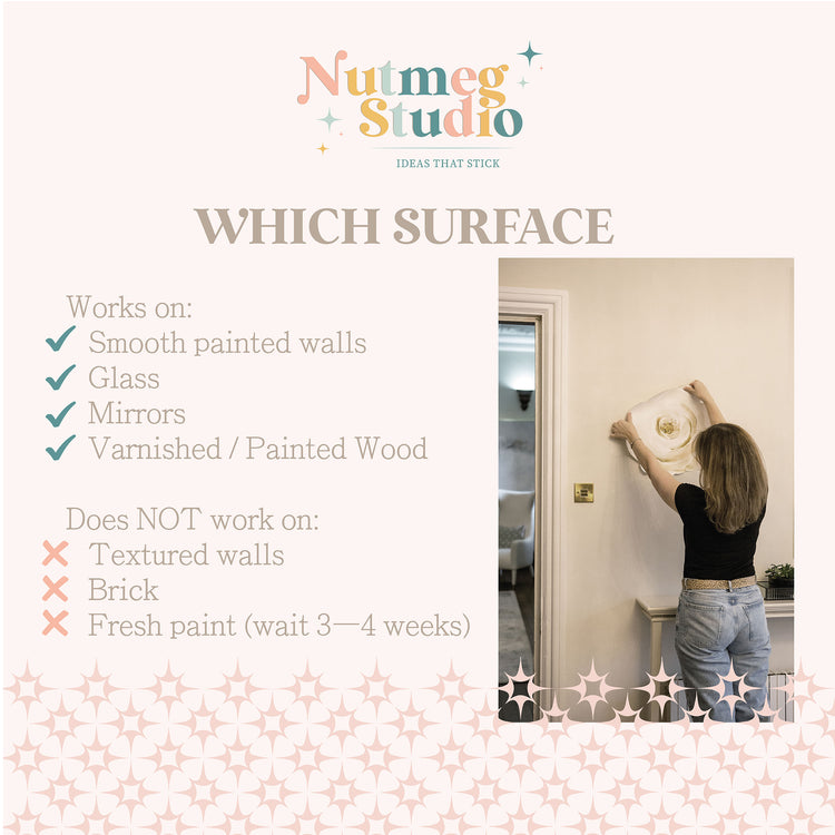 Person applying a product to a wall with Nutmeg Studio branding and surface compatibility information.
