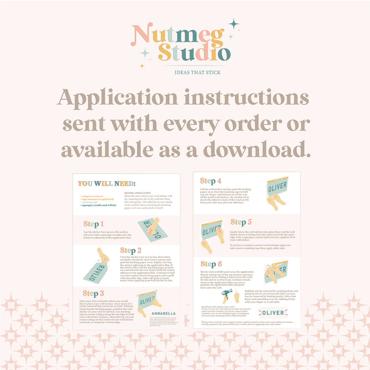 Application instructions from Nutmeg Studio on a light background with decorative elements.