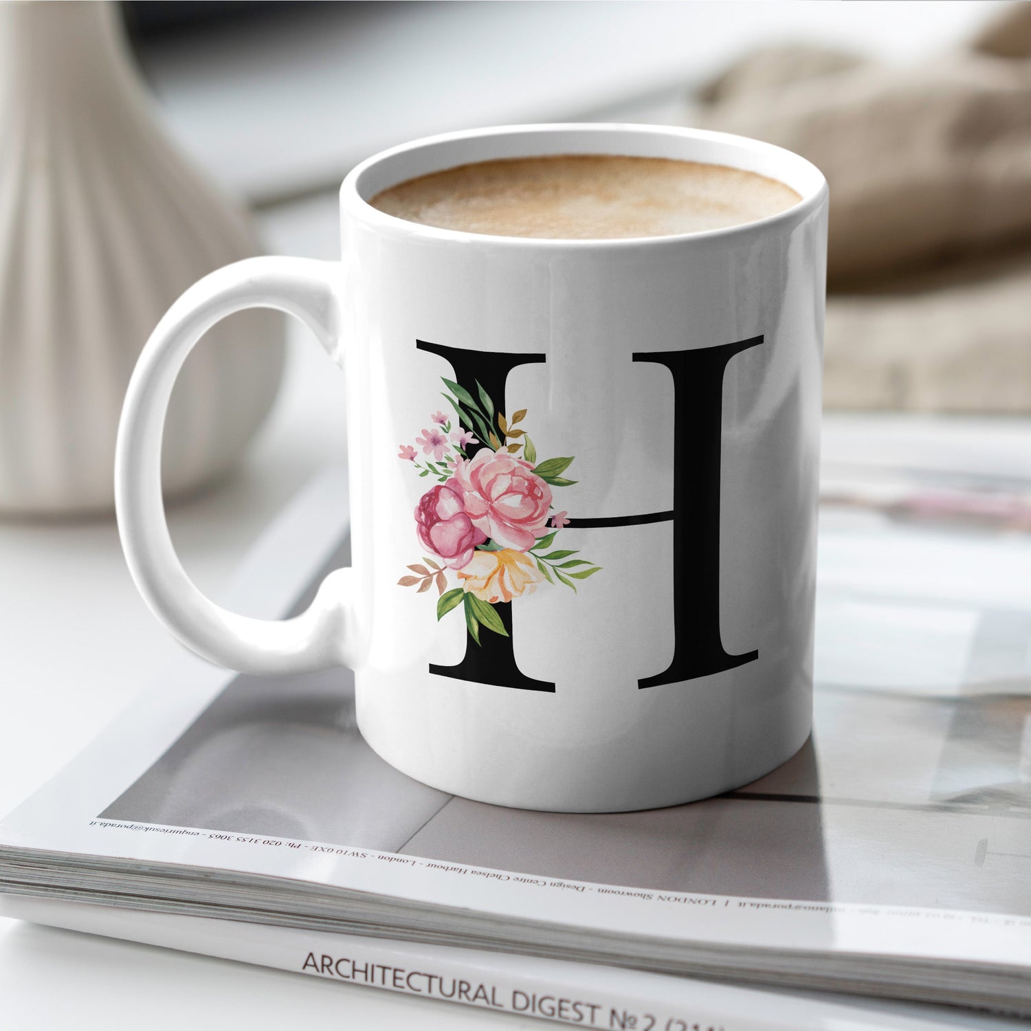 White mug with floral letter &