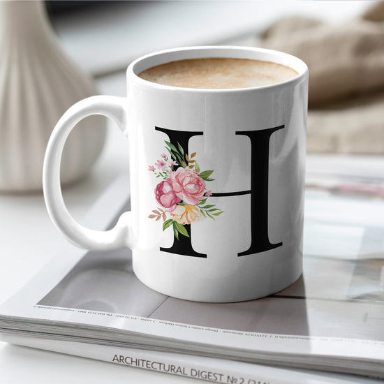 White mug with floral letter &