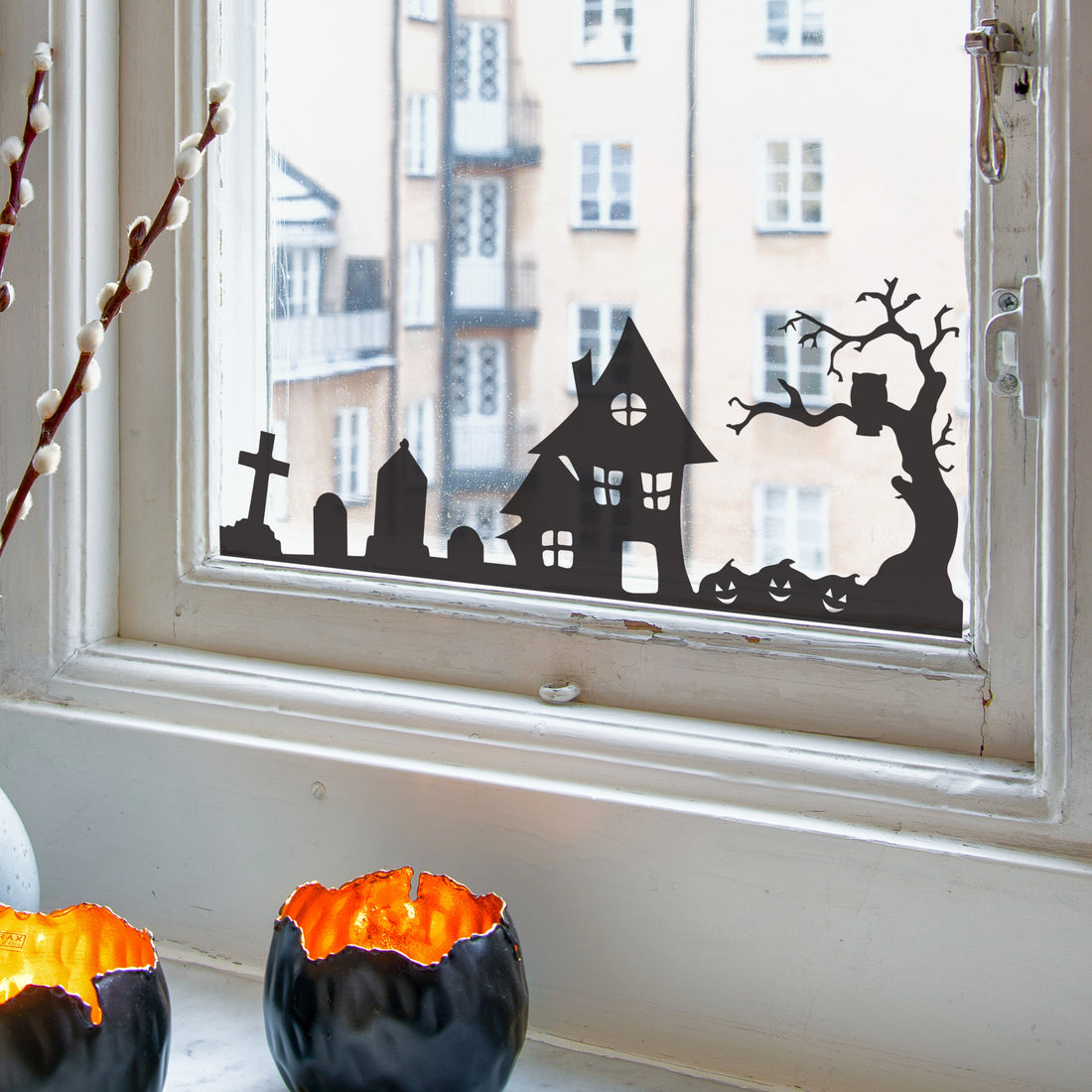 Spooky Halloween Village Scene Window Sticker