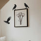 picture frame with two crows standing on each corner at the top and one on the left side flying.
