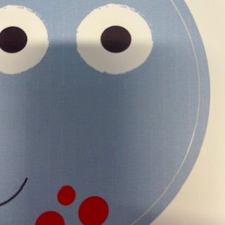Cartoonish face with googly eyes and a smile on a blue background