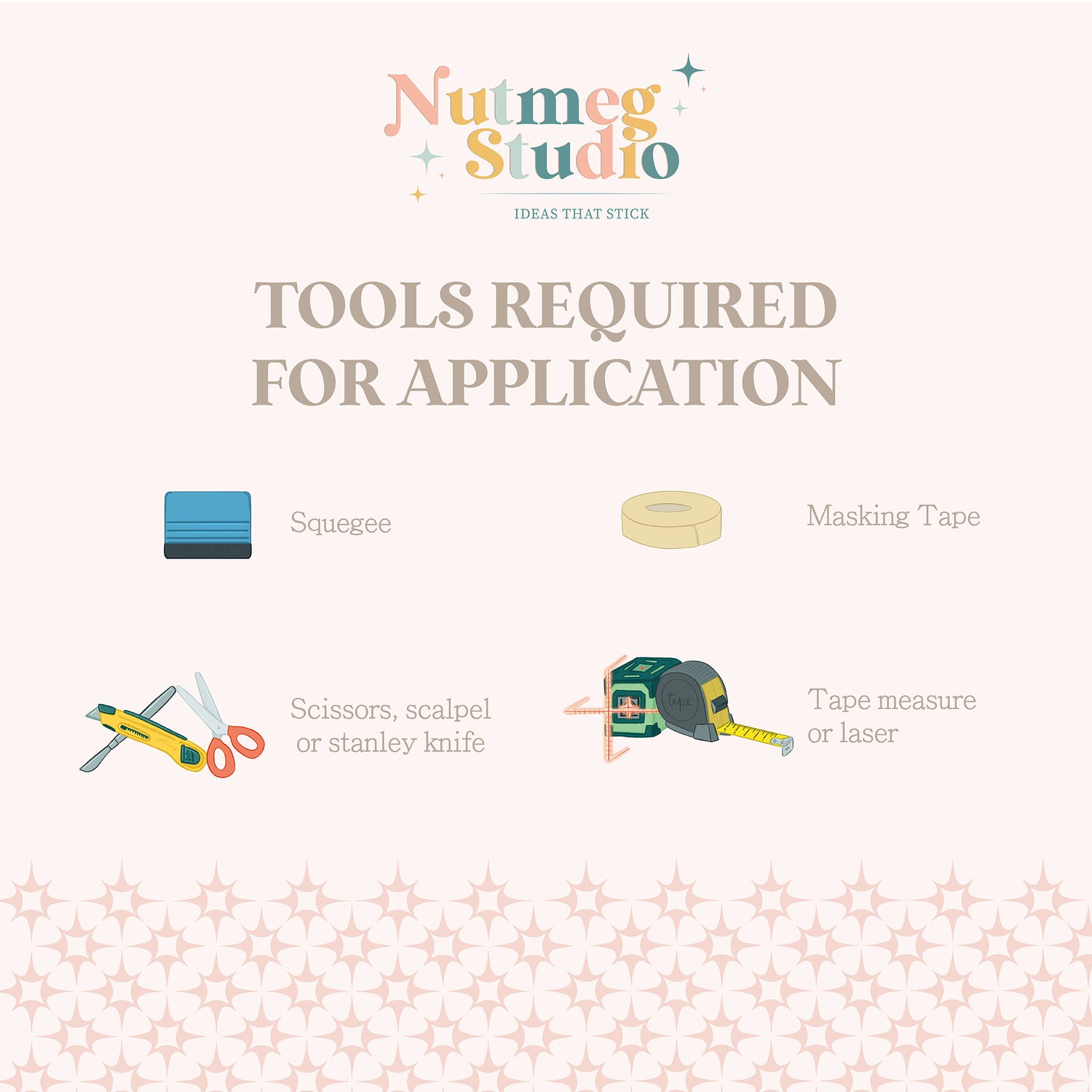 List of tools required for application with illustrations and Nutmeg Studio branding.