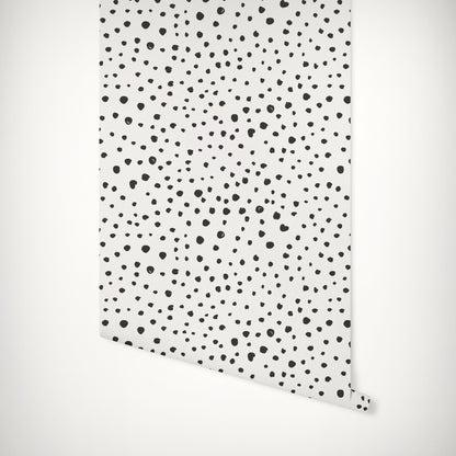 Black Dalmatian Dots Self-Adhesive Wallpaper. A white background wallpaper with black dots that can be used in any room