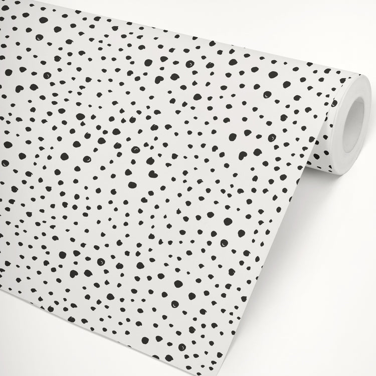 Black Dalmatian Dots Self-Adhesive Wallpaper. A role of white background wallpaper with black dots that can be used in any room.
