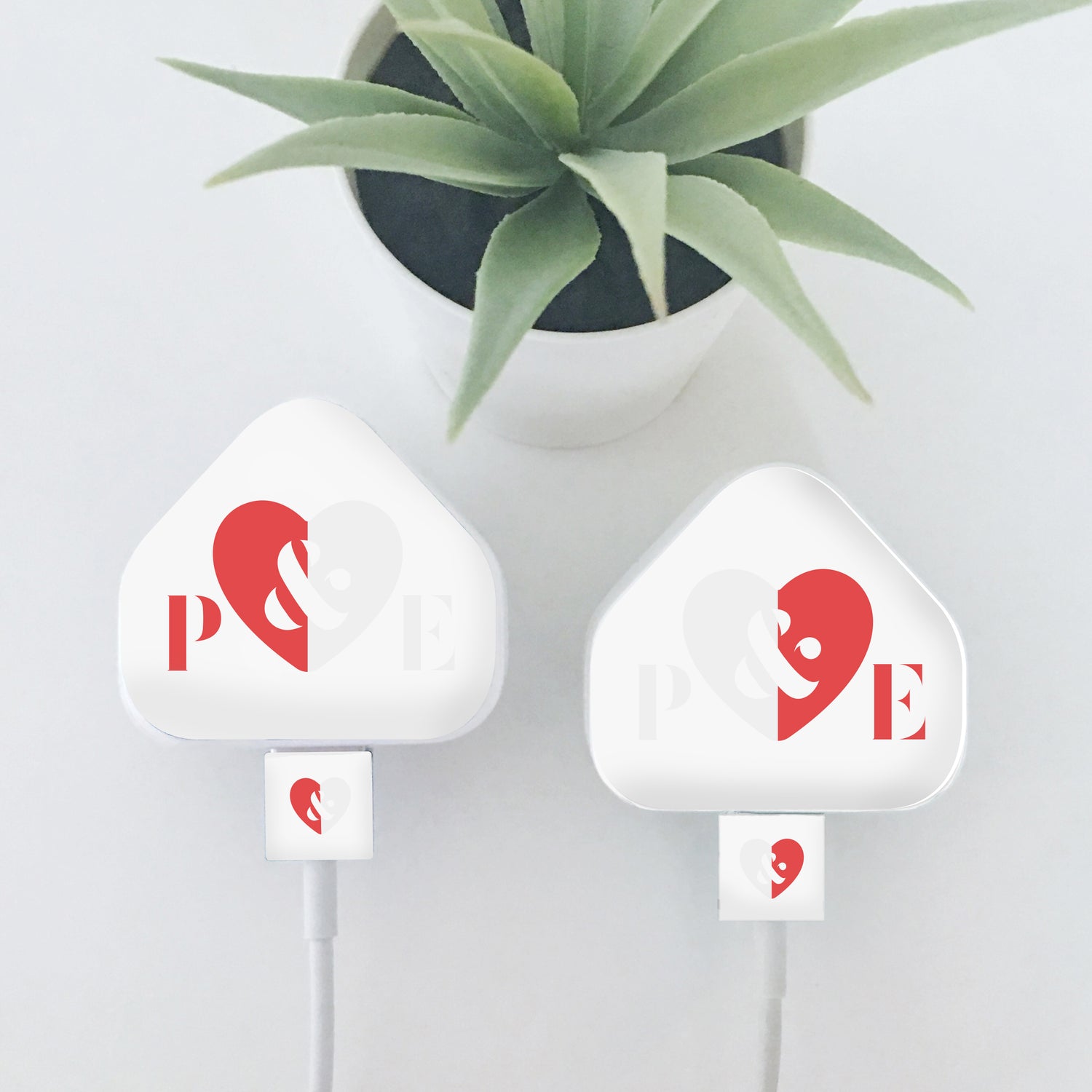 Personalised Initial Set Of Two Love Heart  Charger & Cable Stickers
