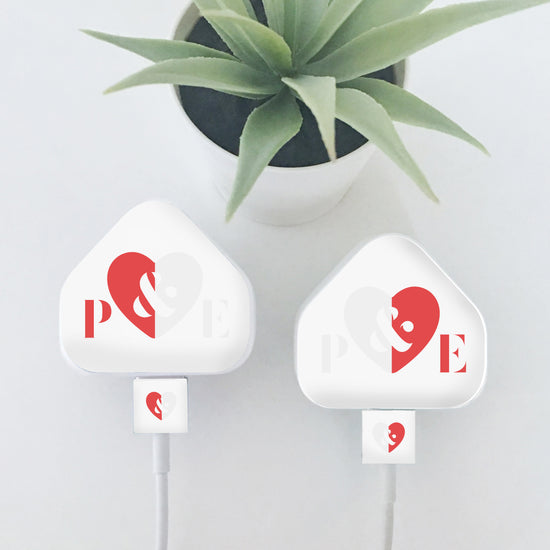 Personalised Initial Set Of Two Love Heart  Charger & Cable Stickers