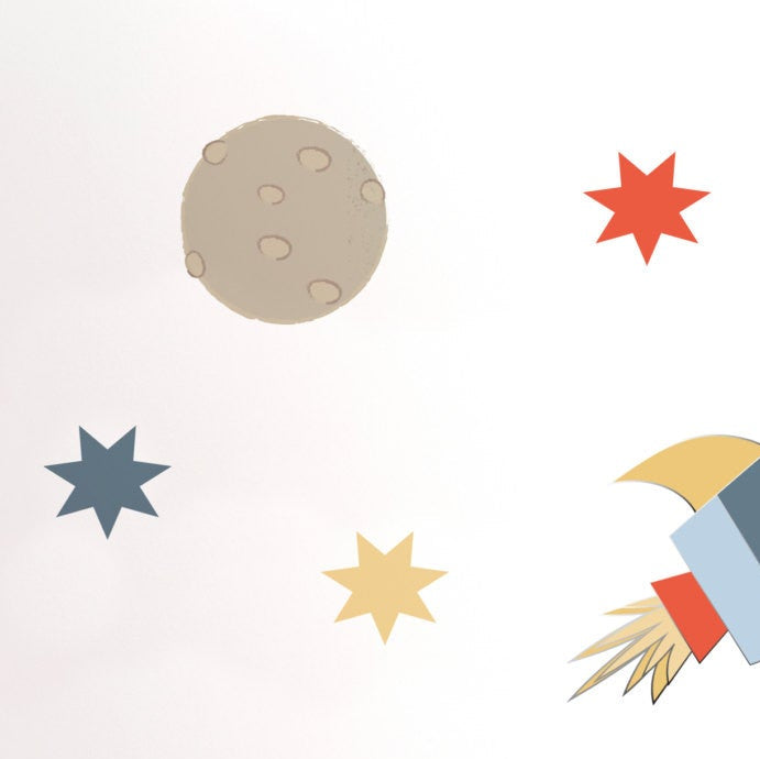Space-wall-sticker-set showing some stars, a moon and the end of a rocket