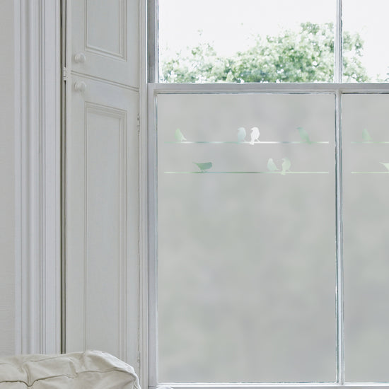 Birds On A Wire Frosted Window Film. Perfect for a frosted window look in any room in a house. Shown as frosted vinyl on a window with the birds on wires.
