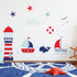 Ahoy Matey Nautical Wall Sticker set in red and blue. Includes a light house, a whale, a lifebuoy ring, birds, boats, starfish and a cloud. can be used to decorate children&