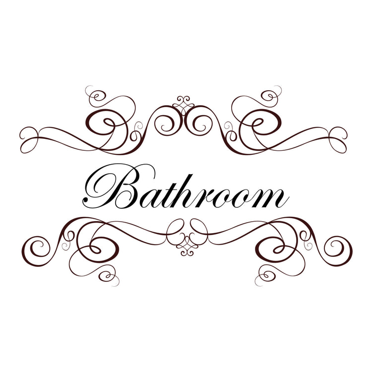 Bathroom Wall Sticker Quote. Word bathroom written in a script style font, with decoration above and below word. shown in brown vinyl on white background.