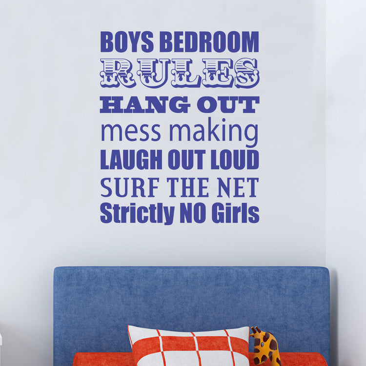 Boys Bedroom Rules Wall Sticker. Image shows product in blue vinyl on a white wall. Perfect product to decorate a kids bedroom or playroom. 