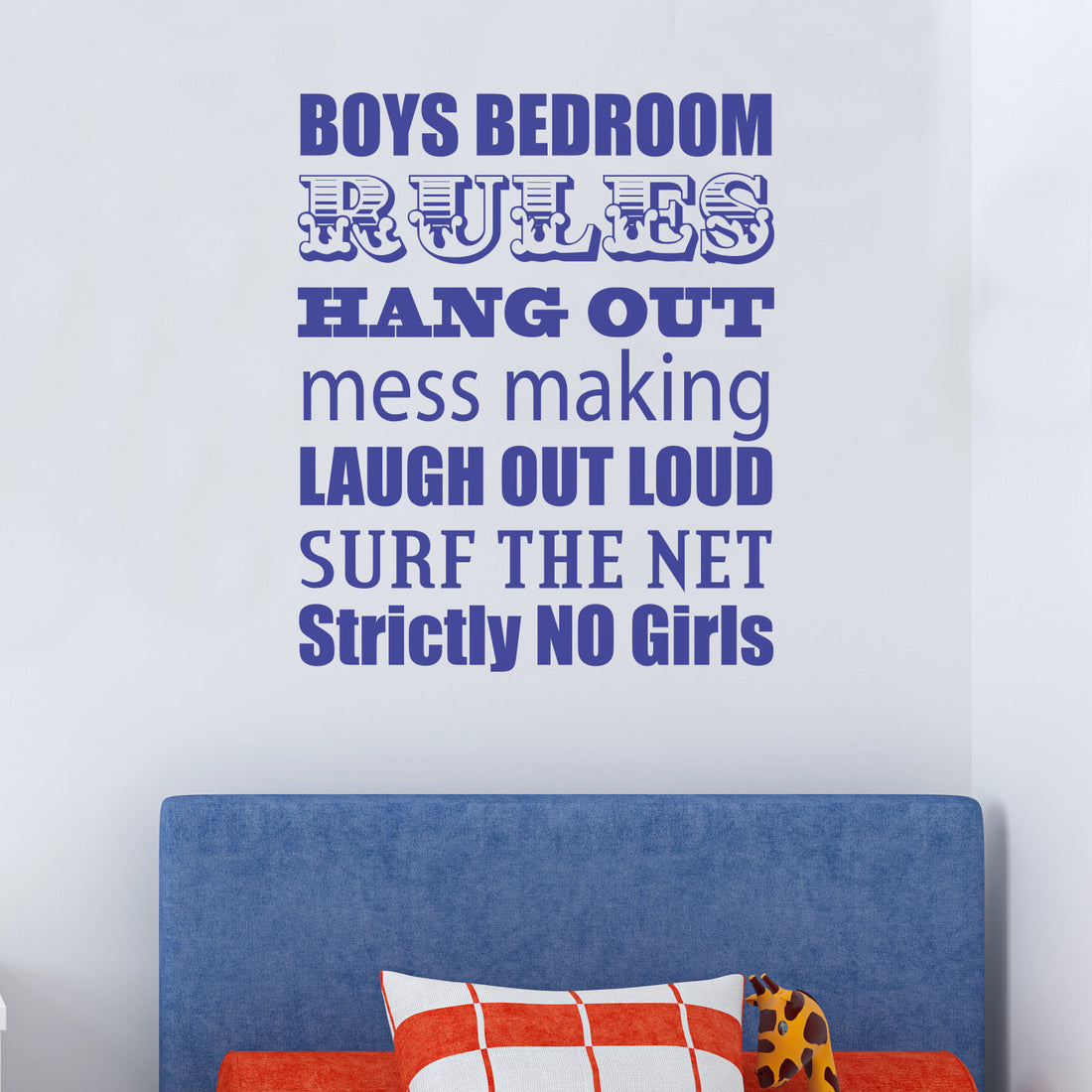 Boys Bedroom Rules Wall Sticker. Image shows product in blue vinyl on a white wall. Perfect product to decorate a kids bedroom or playroom. 