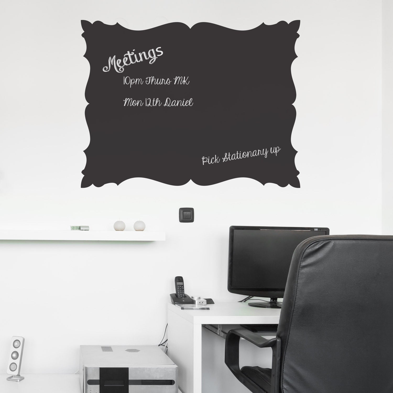 Baroque Chalkboard Wall Sticker. Shows one panel in A2, can be used as a noticeboard or planner. shown as black chalkboard vinyl on a white wall. Also available in sizes A4, A3, A1 and A0