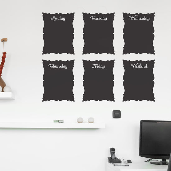 Baroque Chalkboard Wall Sticker in A4. Image shows six individual panels in black chalkboard vinyl on a white wall. Can be used in kitchens, living rooms, studies or bedrooms. Also available in A3, A2, A1 and A0.